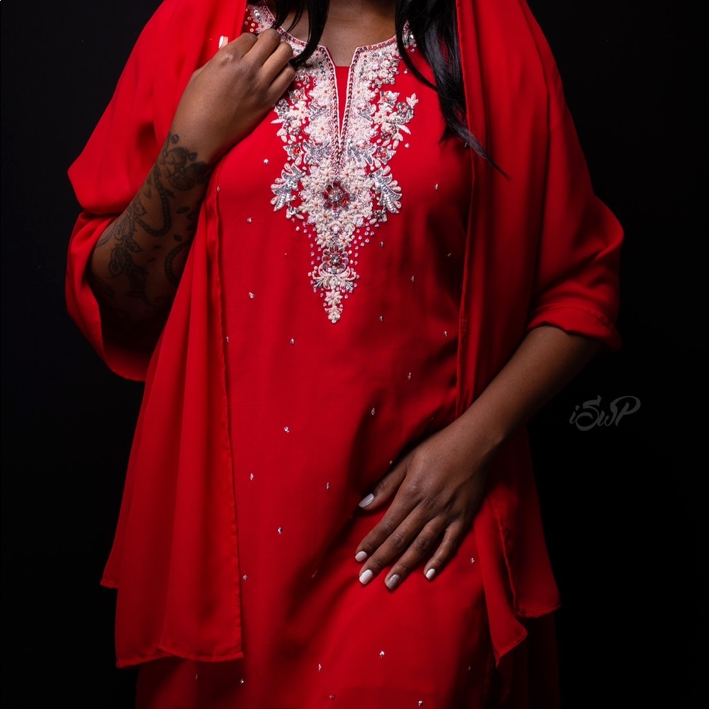 Red Rhinestone Traditional Desi Salwar Kameez
